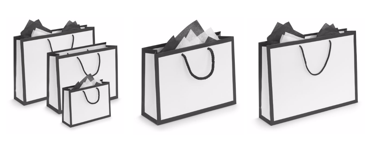 Black edge white matt laminated paper gift bags