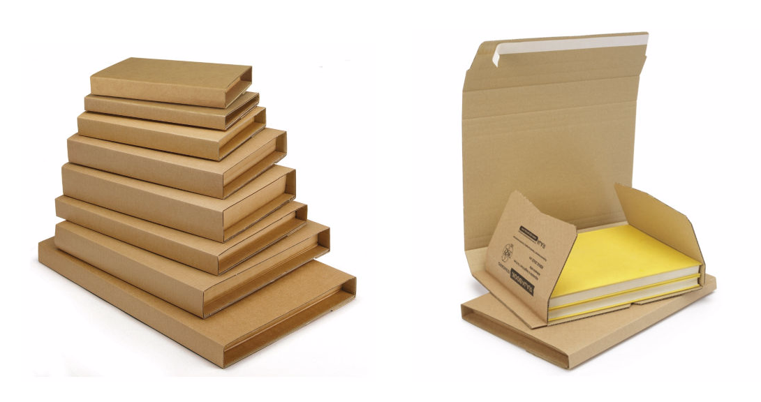 Standard brown panel wrap book boxes with an adhesive strip