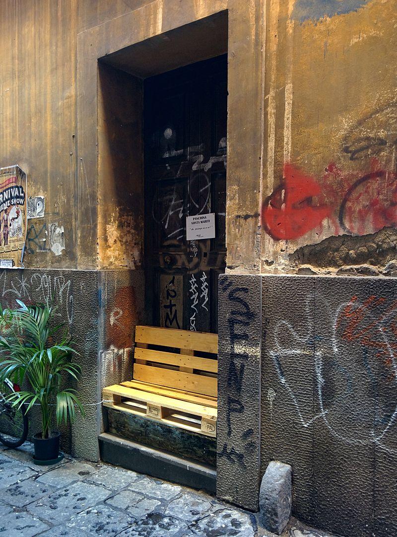 Street bench in Naples, Italy, made from wooden pallets